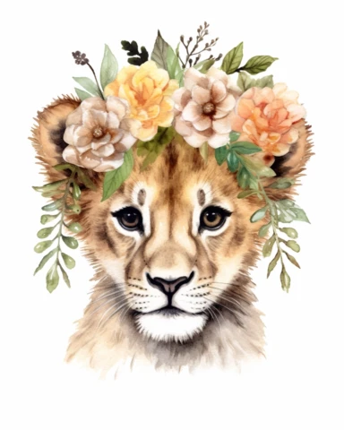 detailed watercolor Baby Baby Lion flowers on head , hyper realistic, isolated on a white background, clipart