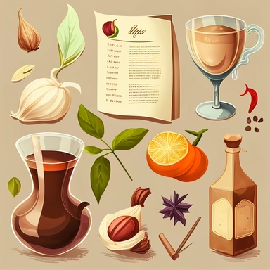 coffe, wine, fat food, soft drinks, choclate, garlic, onion, tomatos, citrus, peppermint, spices, diary, clipart, symbols, light brown backgounr