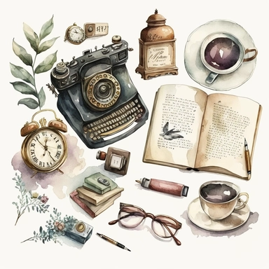 vintage watercolor clipart, keys, pen, ink, stack of letters, envelope, camera, telephone, alarm clock, typewriter, gramophone
