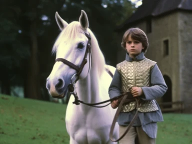arthur as a young squire is walking next to a white horse, medieval clothing, vhs clip of 1981 movie the grail, in the style of home video, keyframe