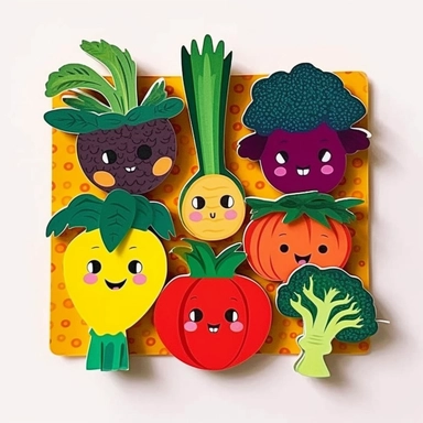 cute veggie clipart for kids, fruit and vegetables, in the style of satoshi kon, intricate cut-outs, paper cut-outs