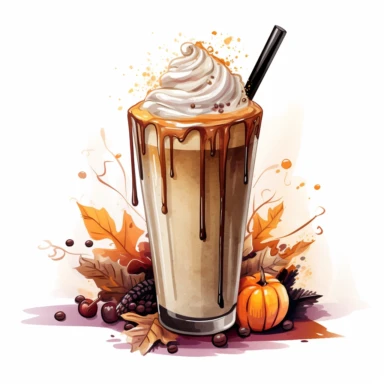 latte macchiato halloween themed, highly detailed color ink illustration, autumn season details, white background clipart 8k