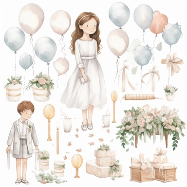 First communion illustrations clip art set, watercolor, white background, simple, soft colors, cartoon elements girl, boy, holy cross, white doves, tulips, peonies, eucalyptus branches, wooden rosary beads, powder pink flowers, girl on the day of her first communion with white balloons on a wooden bench