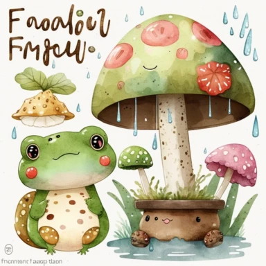 watercolor kawaii frog and mushroom clipart