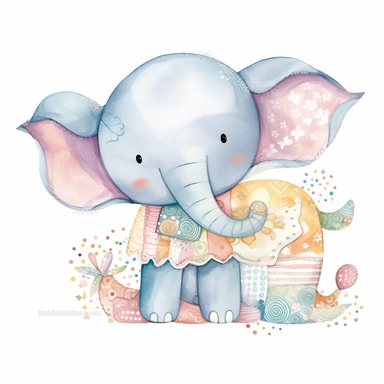 Cute patchwork plush toy elephant watercolor pencil clipart for decorating baby nursery, painting, drawling, children’s illustration, folk art, whimsical, cartoon, caricature, adorable, friendly, dreamy, ethereal, bright varied pastels