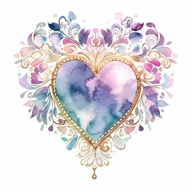 Light watercolor style, Fairycore clipart shimmery, a glittery heart necklace, dreamy aesthetic, pinks, purples, golds, greens, intricate, single object, print on demand image, PNG transparent background, white background for removing background - - no text shadow font watermark, 8k