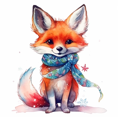 watercolor happ funny fancy winter fox, clipart, watercolor technique, black contour lines, octane render, K8,