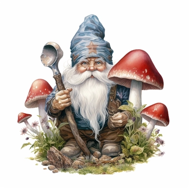 watercolor, hyper realistic, white background, white margins, 16k, ultra detailed clipart, cut out image, hand-drawn a curious gnome holding a magnifying glass, exploring the enchanting forest with mushrooms and hidden creatures.