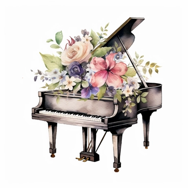 baby grand piano spring floral clipart, white background