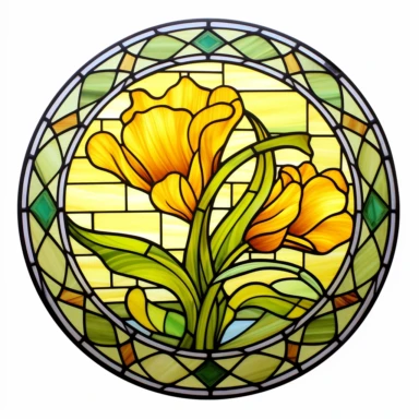 circle window with a radiant stained glass artwork clipart on a white background, intricate details and lines, depicting a beautiful daffodil. The vibrant yellow hues and delicate form capture the charm of this early spring flower. The translucent effects add a luminous touch, infusing the daffodil with a radiant glow within the artwork.