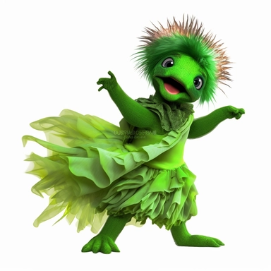 green baby girl Godzilla, looks like an alien, doing high step dance moves, wearing a designer dress made from Phoenix feathers , ultra high fashion, wearing ruby neck scarf, techno lighting, disney cuteness, plain white background, cutout clipart