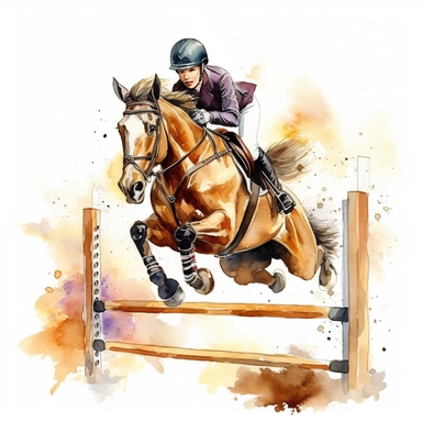 Takes horse jump lessons, highly detailed, watercolor, clipart, illustration, white background, digital painting, paper crafting, no signature, no text
