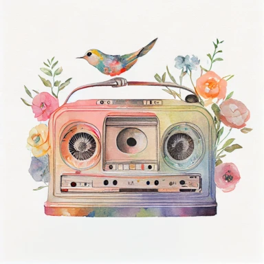 Vintage old radio ( a little floral, bird on radio) pastel rainbow watercolor clipart