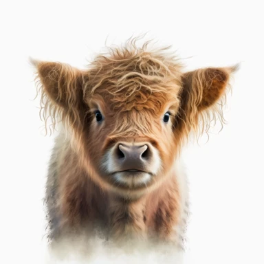 Cute head of a baby highland cow, adorable, watercolour clipart, absolutely nothing in the background just a white plain background, long hair, light colours
