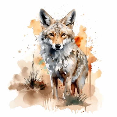 watercolor painting of a Coyote, clipart, watercolor clipart, watercolor splashes, illustration, artsy, desert, warm colors, white background
