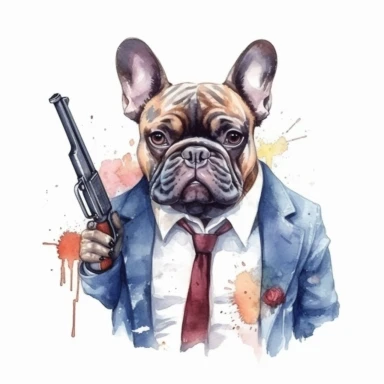 angry mafia boss french bulldog with human hands holding a gun, watercolor clipart, minimalist, bright colors, isolated white background, 8k