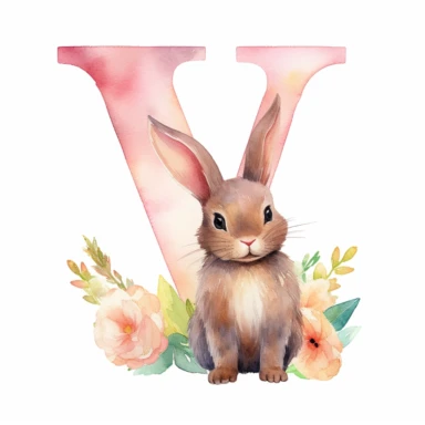 a beautiful one of the kind watercolor clipart featuring a letter V with a cute bunny, in the style of delicate watercolors, wallpaper, 32k uhd, hand-painted details, oshare kei, wimmelbilder, joyful celebration of nature, close up, isolated on white plain background