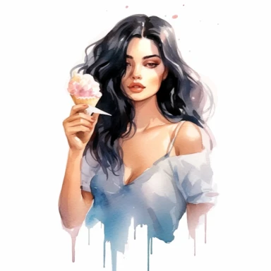isolated stunning black haired model licks ice cream in a wafer, detailed watercolor clipart, white background