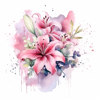A graceful pink watercolor floral bouquet clipart, featuring an arrangement of lush flowers, including roses, lilies, and hydrangeas, with petals gently cascading, capturing the fluidity and softness of the watercolor medium, surrounded by subtle splashes and droplets, evoking a sense of tranquility and serenity, Illustration, watercolor and ink on textured paper,
