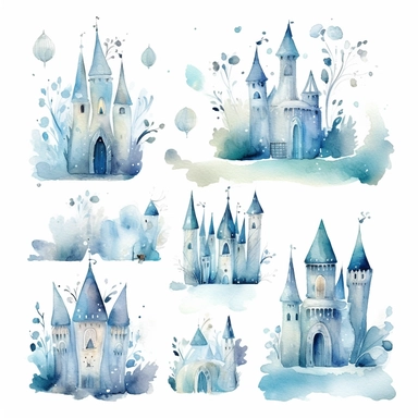 Clipart watercolor, newborn , icy blue colours theme: frozen inspired ice castles, snow flakes, snow man, seperate drawings on a white background with a margin, drawing with watercolors, cute for kids room, minimalistic, adorable, shabby chic ,baby nursery | ar: 16x9