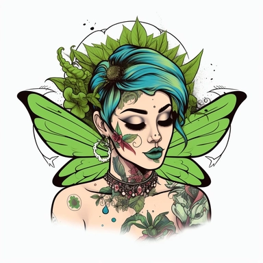 green ganja lady with elf ears and with fairy wings on her back and facial tattoos wearing a black spike colar choker with around her neck clipart minimal