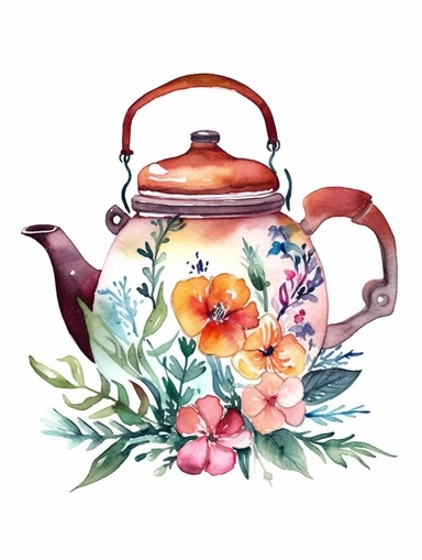Watercolor clipart with white background, cute floral tea pot , cute and adorable, flat design, clearly defined separated image, high quality