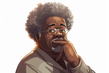 a cute matured melanin plus size man with gray afro detailed, thinking with on hand under chin thinking, full head and shoulder shot, white background, cartoon style, clipart, isolated, no signatures, rich colors, 8k, with studio lighting