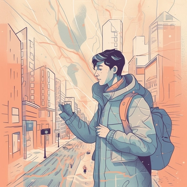 a man lost in a city looking for directions with a map on his hands, clipart style, light pastel colors