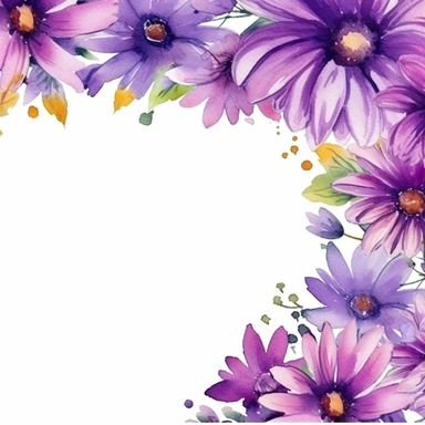 detailed vibrant watercolor rectangle purple daisy flower border with cute border line and with wide middle white space , isolated on white background, realistic, clipart