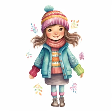 a happy little cute girl in a five-year-old, knitted jacket,, style by Lusy Fleming, folk art, watercolor, clipart elements, smooth gradients, black contour outline, ultra detailed, white background, super clear, high quality