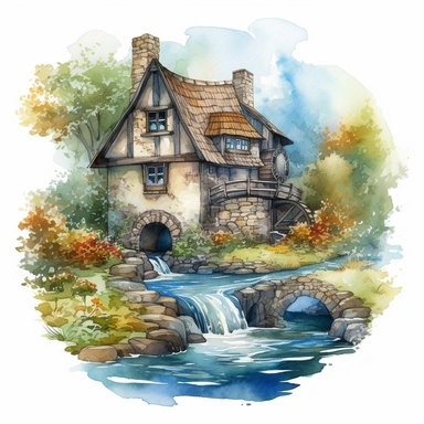 An enchanting watercolor clipart illustration of a picturesque medieval cottage perched near a meandering river, embraced by a tranquil countryside. The cottage boasts weathered stone walls, a thatched roof adorned with climbing vines, and a meticulously crafted waterwheel gracefully spinning by the riverside. The calming river reflects the surrounding nature, with delicate ripples and vibrant aquatic life. Against a clean white background, the watercolor medium enhances the cottage's rustic cha