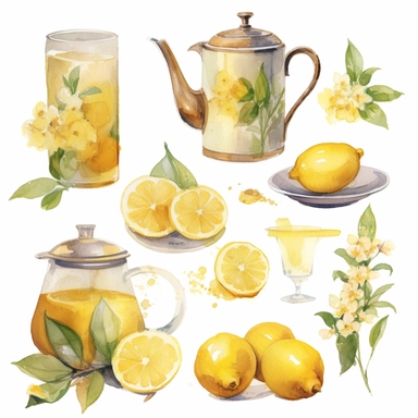 the clipart contains various items of lemon tea, in the style of ethereal watercolor washes, willem haenraets, birds & flowers, light gold and silver, elfriede lohse-wächtler, southern countryside, intricate, whimsical details Biological naturalist illust