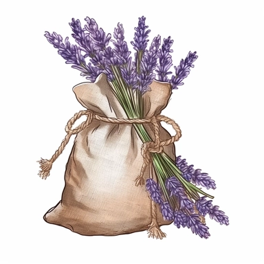 burlap sack full of lavender flowers, in the style of watercolor illustrations, iconic, mystic symbolism, animated gifs, animal motifs, organic material, varied brushwork, clipart