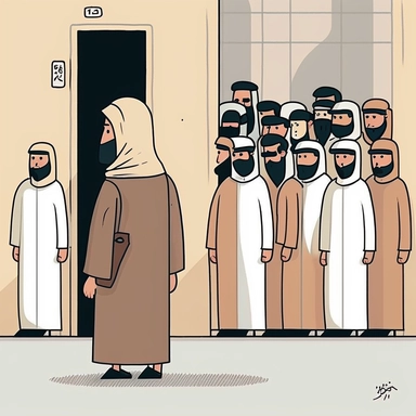 the struggle of an arabic professor taking the manual attendance of every student entering the room (All students a waiting in a line and wearing kandora and hamdaniya) in a minimalist clipart style