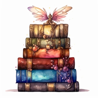 Solid white background, Detailed watercolor/alcohol ink image of a stack of 4 dark earthtone pasel colored gothic spell books with a cute glowing tiny forest fairy sitting on top clipart. The books are realistically detailed, gilded bindings, carved thick leather cover,