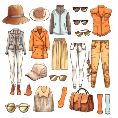 spring high-fashion luxury brand clothing collection items clipart, isolated on white background, hd