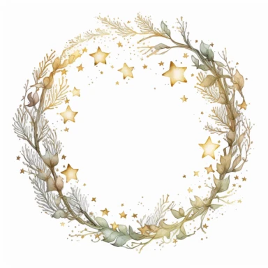 a thin metal gold circle wreath with stars wrapped around it, open in the middle, clipart, white background, watercolor style