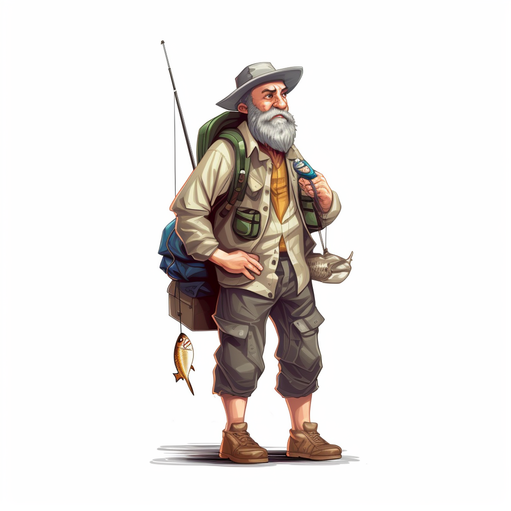a man looking like huckleberry finn, clipart, fishing rod