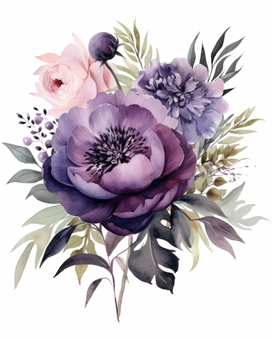 Watercolor Dark Purple Florals, Individual Items, Watercolor Floral Composition, pale green Leaves, Plum Peony Flowers Clipart, PNG, a single flower clipart on pure white background with margins, white background clipart