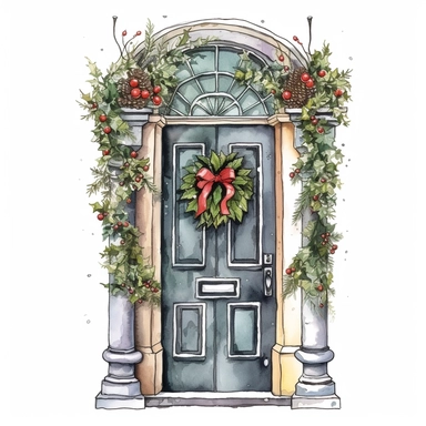 Front Door with Christmas style by Lucy Fleming, watercolor, smooth gradients, black contour outline, ultra detailed, clipart elements, delicate pastel colors, solid white background, super clear, high quality