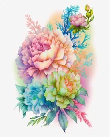 soft colorful neon pastel colored floral arrangement clipart, soft and subtle, colorful neon fairy pastel colors watercolor style, fawncore, plain white background, colorful neon pastel roses peonies gerberas tulips, excellent depth of shading in soft watercolor style, neon pastel colorful soft watercolor artwork, plain white background for transparent editing