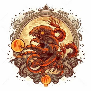 old style fire cancer zodiac, vector design illustration, in the style of detailed heavy metal embroidery, hand-painted details, Horoscope Clipart, isolated white background