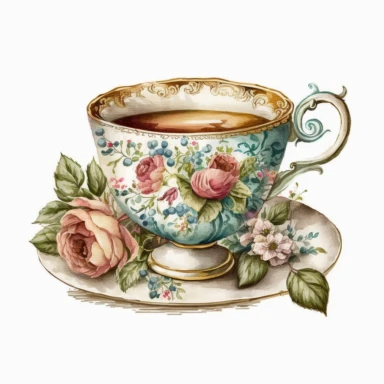 Vintage old school floral tea cup, watercolour clipart, with tea food