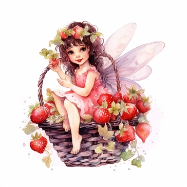 hand drawn cute fairy flying with a basket of strawberries, with blossoms, coquette style, glamorous, watercolor, white background with margins, clipart style