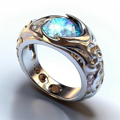 Craft an intriguing clipart of a mythical ring against a pristine white background. The ring should possess intricate designs and be encrusted with glistening gemstones. Let it emanate a soft, magical glow when worn, symbolizing the wearer's connection to mystical forces.