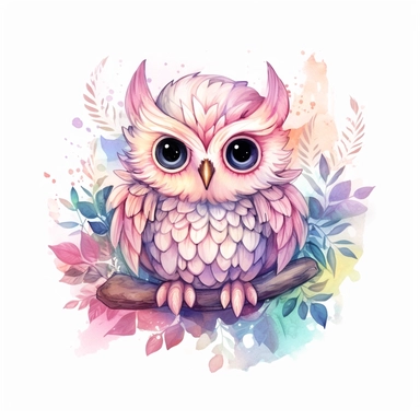 Light watercolor style, Fairycore clipart shimmery, a happy owl, dreamy aesthetic, pinks, purples, golds, greens, intricate, single object, print on demand image, PNG transparent background, white background for removing background - - no text shadow font watermark, 8k