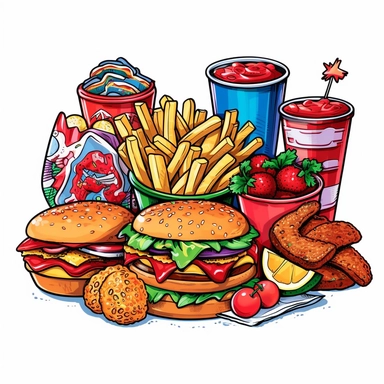 Independence day cookout food, Clipart, 4th of july, white background, crisp detail, cute, cartoon, black outline, vibrant