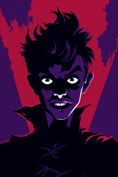 minimalist dark shadow outline medium shot of peter pan as a vampire with red eyes on a purple background, flat, clipart