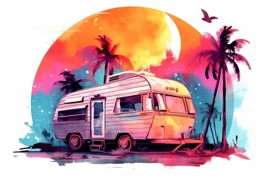 colorful bright vibrant neon vintage camper, scene, watercolor clip art