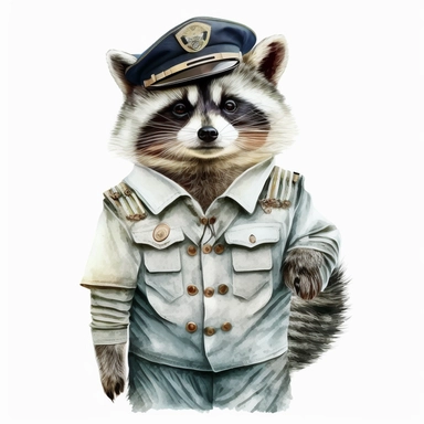 Stylish funny Raccoon in a white sea uniform, full body, pastel waterpaint Clipart, watercolor, high-quality illustration, professional raster graphic, white background, Studio Lighting, ultra-detailed, 8k